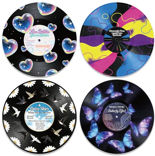 twinklemon 4 Stück Schmetterlinge Blumen Vinyl Schallplatten Wanddekoration | Künstliche Albumcover-Musikposter, selbstklebend, Retro-Schallplatten, Wandaufkleber, Kunst für Schlafzimmer, Grunge-Musik