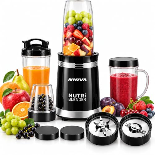 Nirva Smoothie Maker, Standmixer 2 in 1 mit Kaffeemühle, 25000 U/min Elektrischer Mixer für Shakes und Smoothies, 4 Klingen Edelstahlmesser, Personal Blender mit 4 Mixbechern & To-Go Deckel