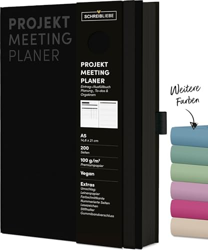 Projekt-Meeting Planer Black: Notizbuch A5, Ausfüllbuch mit Farbschnittkante, Lesebändchen, Stiftehalter und Gummiband, 200 Seiten - SchreibLiebe