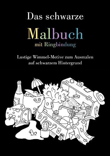 Das schwarze Malbuch mit Ringbindung: Lustige Wimmel-Motive zum Ausmalen auf schwarzem Hintergrund