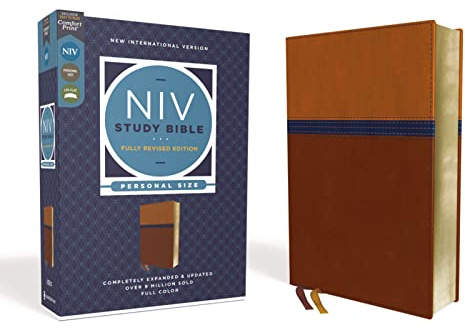 NIV Study Bible, Fully Revised Edition (Study Deeply. Believe Wholeheartedly.), Personal Size, Leathersoft, Brown/Blue, Red Letter, Comfort Print