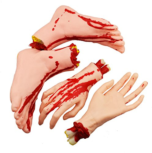 XONOR Halloween Séparé Mains Ensemble de Pied Effrayant Sanglant Parties du Corps Brisées Halloween Accessoires Décorations, 4 Pièces (Pieds & Mains) (Couleur de Peau)