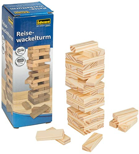Idena 40206 - Reisespiel Wackel-Turm, Stapelspiel mit 54 Bausteinen, Geschicklichkeits-Spiel aus Holz, ca. 4,8 x 4,8 x 14,4 cm großer Stapel-Turm, Spiel-Spaß für die ganze Familie