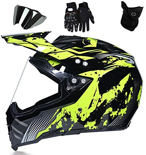QYTK Casco Integrale Motocross Donna Giallo Nero, Adulto Caschi da Motocross con Guanti Maschera e 2 Occhiali Visiera Casco Moto-Cross per Fuoristrada Motociclisti Casco di Sicurezza,L