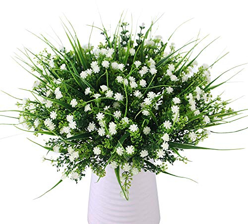 JaneYi 6 Stück Künstliche Gypsophila Plastikblumen Gefälschter Blumenstrauß Künstlich Strauch Blumengesteck Grünpflanzen für DIY Innen Draussen Zuhause Küche Balkon Garten Büro Party Dekor - Weiß