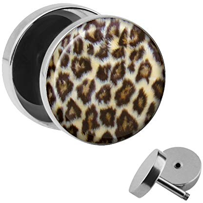 Treuheld | Leo Ohrstecker zum Schrauben - Leopard - schwarz-grau Fell - Motiv Fake-Plug Ø 10mm Silber - Edel-Stahl Ohr-Ringe - Chirurgen-Stahl 316L Fake-Tunnel - Gewinde Ohr-Stecker