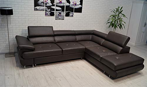 Quattro Meble Dunkelbraunes Echtleder Ecksofa LTN 275 x 225 Sofa Couch mit Schlaffunktion, Bettkasten und Kopfstützen Echt Leder Eck Couch (275 x 225 Ecke Rechts)