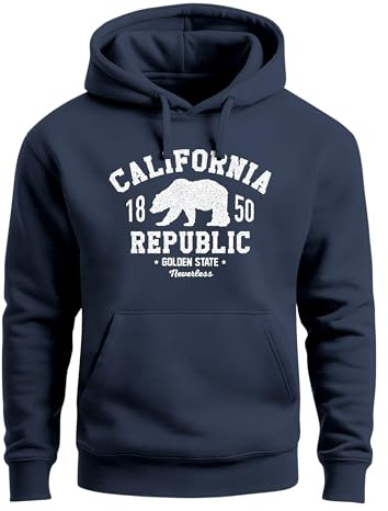 Neverless® Hoodie Herren California Republic Kalifornien Grizzly Bär Bear Aufdruck Print Kapuzen-Pullover Männer Navy M