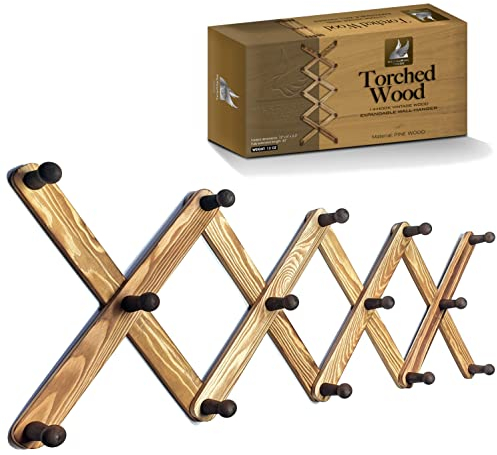 Mercurial Trade Ausziehbarer Kleiderhaken aus Holz – Akkordeon-Wandhaken Kiefernholz handgefertigt im Vintage-Stil für Mantel, Jacke, Hut, Leine, Handtuch, Schal, Tasse, Tasche geflammtes