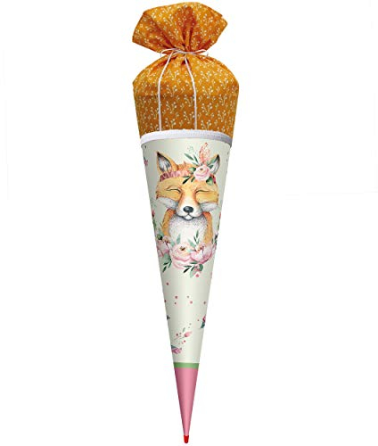 Schultüte - mit Stoff bezogen - süßer Fuchs & Blumen - 70 cm - mit Holzspitze - rund - Filzabschluß - Stoffschultüte - Zuckertüte - Roth - Jungen Mädchen - T..