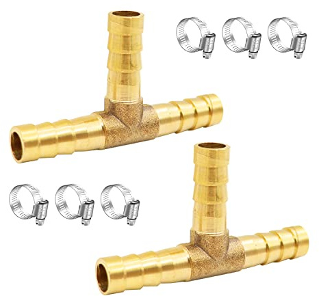 Tnuocke 2pcs 5/16 Brass Tee Barb Fittings,3 Way Union Intersection Fitting T Shape Barbed Splitter Fitting Splicer with Hose Clamps for Water Fuel Air H-058-5/16