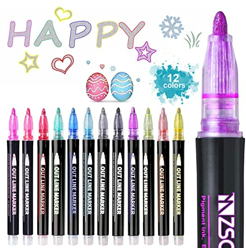Outline Stifte Glitzerstifte Magische Stifte: 12 Farben Metallic Marker Stifte Set,Ostergeschenke Kinder für Ostereier Malen, Zauberstifte Glitzerstifte Mädchen Geschenke 4-11 jahre