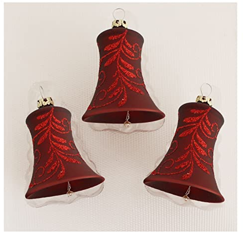 Thüringer Glasdesign Christbaumschmuck Glocken Rot mit roter Blätterranke, 3 Stück/Set, ca. 5 cm, Weihnachtsdeko