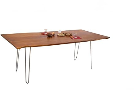 SAM Esszimmertisch 220x100cm Hannah, echte Baumkante, Akazienholz nussbaumfarben, massiver Baumkantentisch mit Hairpin-Gestell Silber