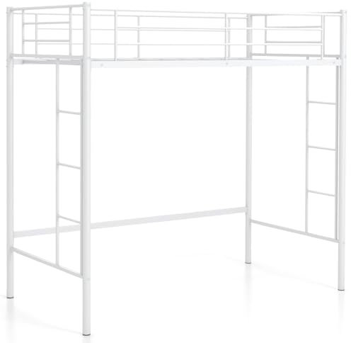 CASART Single Loft Bed, 2 Ladders Metal Bunk Bed with Safety Guardrail, Home School Space-Saving Single High Sleeper Frame for Adults Teens Kids (White, 196 x 98 x 184cm)