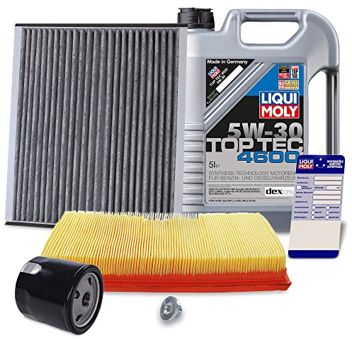 BESTPRICE Inspektionspaket Filterset mit 1x Ölfilter; 1x Luftfilter; 1x Innenraumfilter (Aktivkohle); 1x Ölablassschraube mit Dichtring; 1x Motoröl 5W-30 LIQUI MOLY Top Tec 4600 5 l; 1x Ölwechselanhän