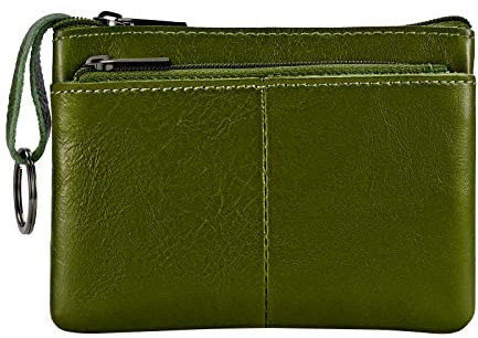 Lidwot Porte-monnaie en cuir véritable avec 3 fermetures éclair et porte-clés, vert militaire, Porte-monnaie avec porte-clés 3 fermetures éclair