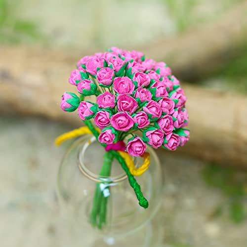 Artificial Roses, Artificial Flowers 50 Pcs Mulberry Paper Tiny Rose Artificial Mulberry Paper Rose Mulberry Paper Flowers Wedding Scrapbook DIY Craft Scrapbook Bouquet Craft Stem (Pink Color)