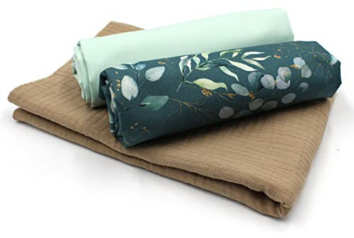 VmG-Store Musselin + Baumwollstoff Set farblich abgestimmt Double Gauze Stoff 100% Baumwollstoff Tex Standard 100 (Set11 Eukalyptus Dunkelgrün)