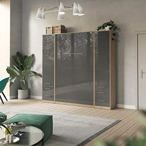 SMARTBett Wohnwand Set mit Schrankbett Standard 140x200 Vertikal + 2 x 50-Schränke Wildeiche/Anthrazit Hochglanz