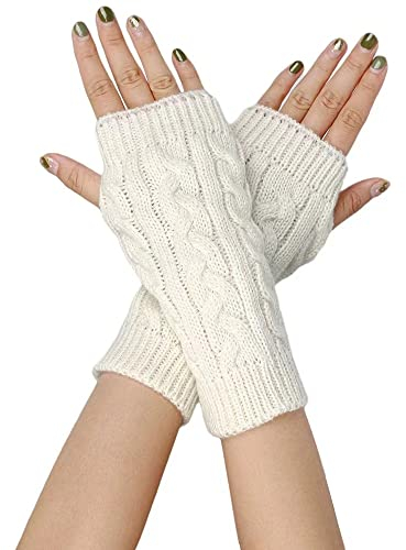 FGFD&OU Fingerlose Handschuhe für Damen Gestrickte Halb Fingerhandschuhe Kurzer Strickhandschuhe Fäustlinge Handwärmer Handgelenkwärmer Armstulpen Handstulpen Pulswärmer (1Paar-Weiß)