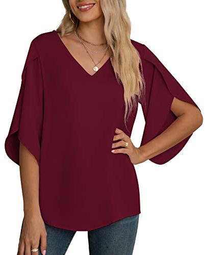 Yommay Damen Bluse Elegant V Ausschnitt Sommer T-Shirts Casual Leicht Chiffon Tunika Kurzarm Tops,Weinrot,XXL