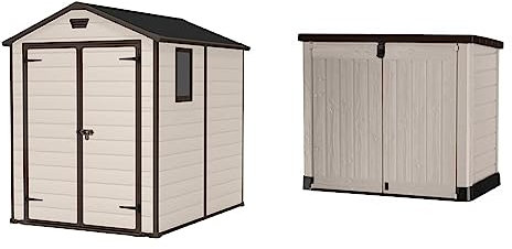 Keter 230256 Manor Outdoor Garden Storage Shed, Beige, 6 x 8 ft & 250001 Store It Out Pro Outdoor Storage Shed, 145.5 x 82 x 123cm Beige/Brown