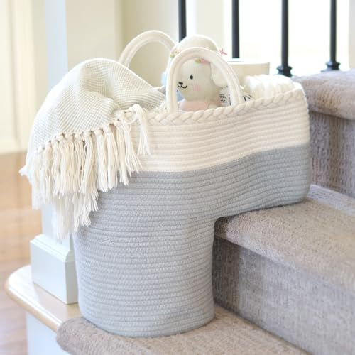 NEObirdie Seil-Treppenkorb für Teppich- und Holztreppen – Seilkorb mit Griffen – Baumwollseil-Aufbewahrungskorb in Nebelgrau & Creme – zusammenklappbarer Korb für Treppen – 40 cm L x 20 cm B x 40 cm H