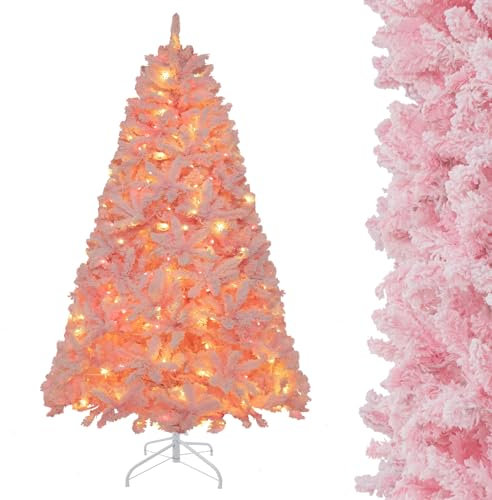 GYMAX 180 cm Albero di Natale Innevato, 350 Luci a LED con 8 Modalità, 808 Rami in PVC, Folto e Realistico, Base Pieghevole in Metallo, Montaggio Facile, Rosa