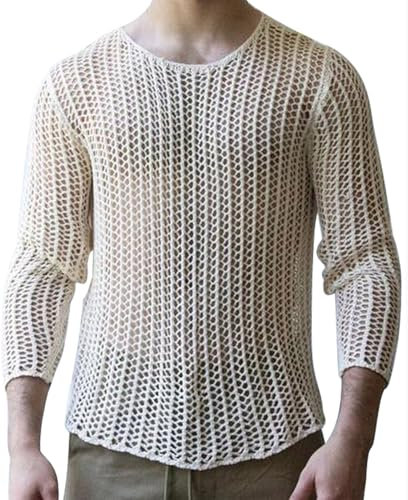 AIEOE Men Fishnet Top Breathable Shirt Long Sleeve Sexy Undershirt Mesh Top Clubwear White 04 UK Size L/Label Size XL