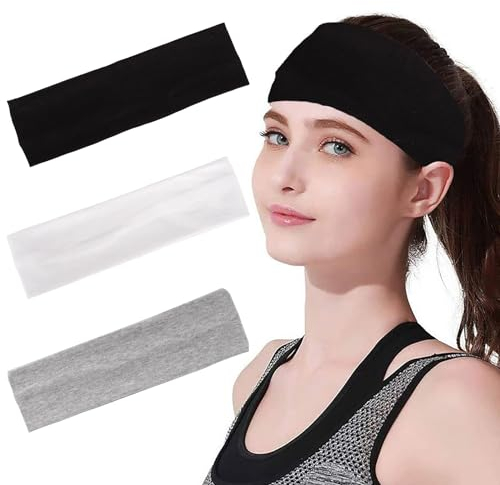 wohn&lebe 3X Haarband Yoga Headbands Haarband Damen und Monsieur Elastische Haarbänder rutschfest Haarband Damen Cotton Haarband Sport Laufen Exercise Gym Makeup Yoga(Schwarz Weiß Grau 23.5×5.5cm