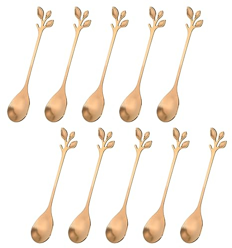 QUARKZMAN 10pcs Inox Acier Feuille Café Cuillère 4,8 Petit Vaisselle Dessert Cuillères Remuer Mélanger Cuillères pour Glace Thé, Café, Dessert, Rose Or
