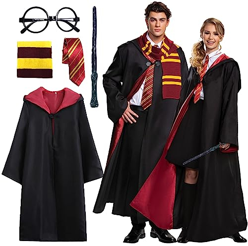 Kitimi Magic Robe, Umhang, 4PCS Zauberer Cosplay Kostüm für Erwachsene, with Cape, Magic Wand, Glasses, Scarf, Tie, Halloween Wizard Costume for Cosplay, Carnival, Fancy Dress