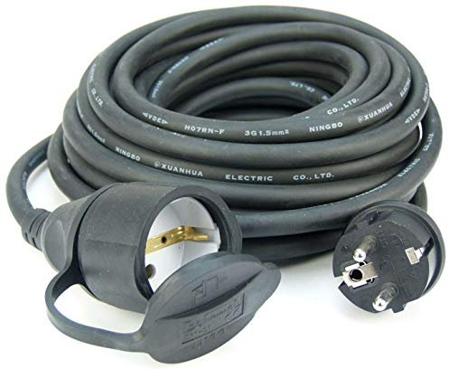 GLT 1 x Paccs 10 m Schuko Gummi Verlängerungskabel IP44 H07RN-F 3G1,5, schwarz, für den Außenbereich und den Einsatz auf Baustellen