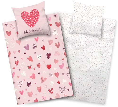 Aminata kids Bettwäsche 135x200 Mädchen Lieblingsmensch Baumwolle Wende-Kinder-Bettwäsche-Set Herz-en YKK Reißverschluss rosa weiß Geschenk-e