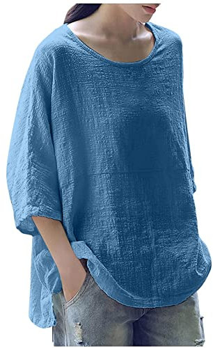 Summer Tops for Women UK Sale 3/4 Sleeve Cotton Linen Solid Crew Neck Ladies Tops Casual Loose Three Quarter Sleeve Tunic T Shirt Plus Size Elegant Blouse Shirts UK 8-18 Blue