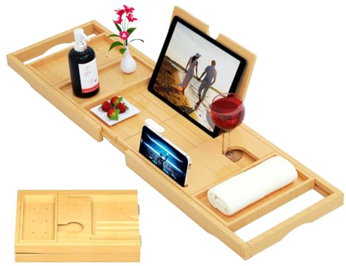Bamboo Bathtub Trays for Tub - 2024 New Expandable Bathroom Tray with Reading Rack or Tablet Holder, Premium Bath Tray with Wine Glass Holder, Bathroom Caddy, Fits All Bathtubs