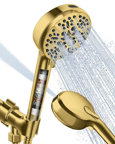 BOWGER Duschkopf mit gefiltertem Gold, 6 Modi, Hochdruck-Duschköpfe mit Power-Waschmodus und Hartwasserfilter, abnehmbares Handbrausekopf-Set mit extra langem Schlauch, goldfarben