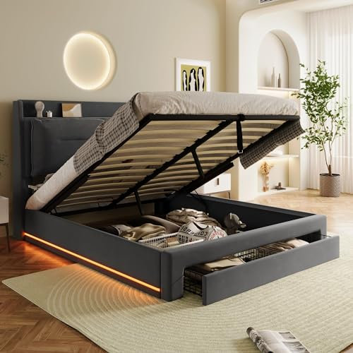ModernLuxe Double Bed Frame, Fashion Upholstered Ottoman Bed, 4ft6 Double Bed Frame with Storage Drawers, Recessed LED Light Strips on Both Sides, Hydraulic Bed with Slats, Dark Grey Velvet 135x190cm