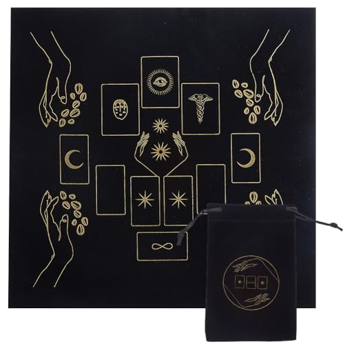 CREATCABIN Altartuch Tarot-Tischtuch Gothic-Kartentasche Quadratische Tischdecke Wahrsagerei Schwarzer Samt Tarot-Kordelzugbeutel-Set Tarotkarten-Geschenk Für Hexereibedarf 49.5-50cm Magische Hand