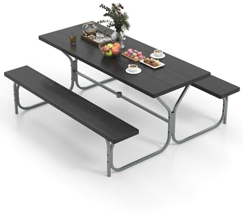 COSTWAY Ensemble Table et Bancs de Pique-Nique avec Cadre Métal, Ensemble de Jardin Imperméable pour 8 Personnes Banc Charge 250KG Trou pour Parasol, 183 x 161 x 76 cm (Noir)