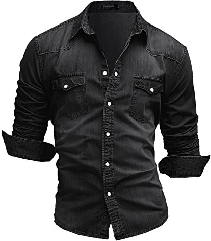 Rodawu Mens Denim Shirt Stretch Cotton Cowboy Button Down Casual Jacket Muscle Fit Black L