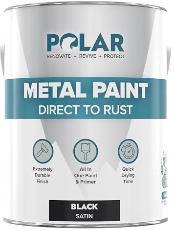 Polar Metal Paint Satin Black, 2.5 Litres - Direct to Rust All-in-One Primer - Undercoat, and Topcoat in One - Rust-Resistant Black Paint for Metal, Steel, Aluminium & Galvanised Iron