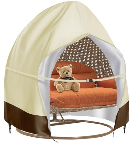 joomie Double Egg Chair Cover Garden Outdoor Large 420D Oxford Cloth Swing Chair Cocoon Cover Waterproof Zipper UV-Anti Windproof Hanging 2 Seat Heavy Duty Egg Swing Chair Cover 230x200CM Beige