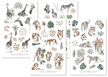Wildtiere Afrika Sticker Set - Aufkleber, Journal Sticker, Sticker Tiere, Stickerbogen, Savanne, Tiger, Giraffe, Zebra, Leopard