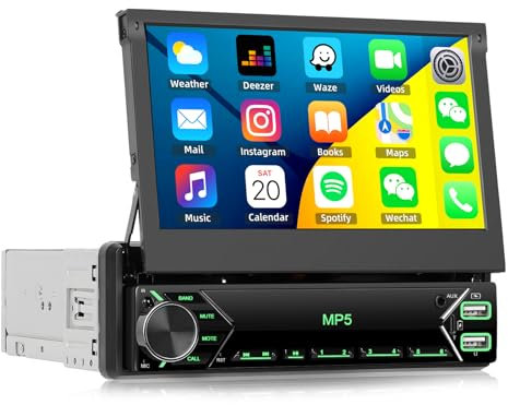 SIXWIN Autoradio 1 Din mit Bluetooth-Freisprecheinrichtung,7 Zoll Ausfahrbarem Display unterstützt Type-C Laden丨USB/AUX/TF/FM丨7 Farblichter丨Mirrorlink Lenkradsteuerung