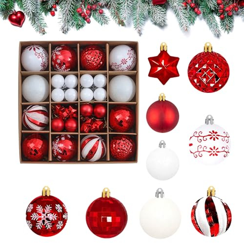 44 Stück Weihnachtskugeln Weihnachtsornament Aus Kunststoff Dekorative Kugeln Hängende Weihnachtsdekoration Für Feiertage Partys Hochzeitsdekorationen Heimdekorationen Festdekorationen (Rot und weiß)