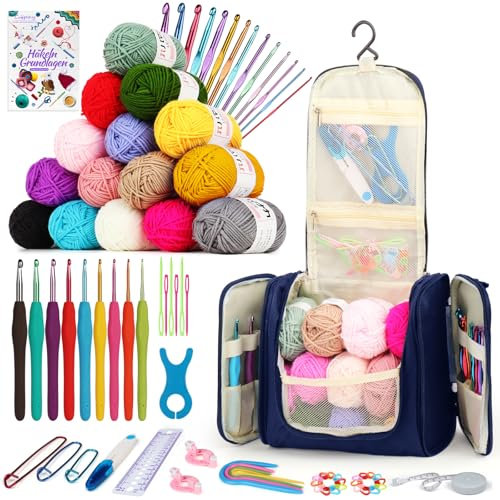 Coopay Tragbar Häkelset für Anfänger, Komplette Häkelnadel Set mit 2,0-10 mm Ergonomisch Häkelnadeln, 15 Farben Wolle zum Häkeln, Anleitung, Häkelzubehör und Tasche, Häkeln Geschenk Set, Navy Blau