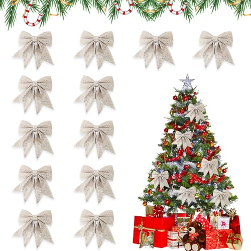 Udbrud 12 Stück Schleifen Weihnachten, Glitzer Weihnachtsschleifen Bogen Hänge Deko, Christbaumschmuck Geschenkschleife, Weihnachtsbaumschmuck Weihnachtsbaumschleifen für Basteln (Champagner)