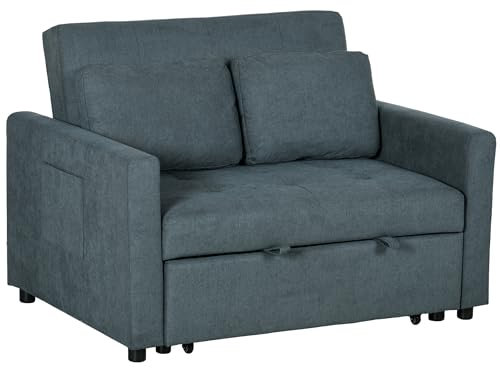 HOMCOM 2 Seater Sofa Bed, Convertible Bed Settee, Modern Fabric Loveseat Sofa Couch with 2 Cushions, Side Pockets for Living Room, Guest Room, Charcoal Grey